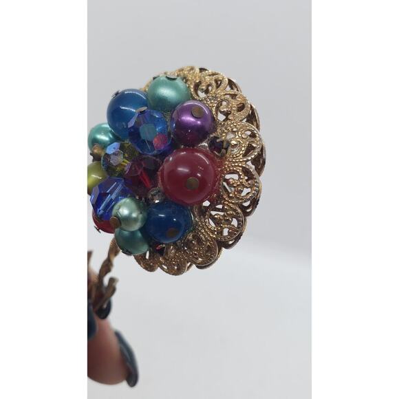 Vintage Ornate Flower Brooch Gold Filigree Beads Faux Pearl Rhinestone Haskell ? - Picture 7 of 11